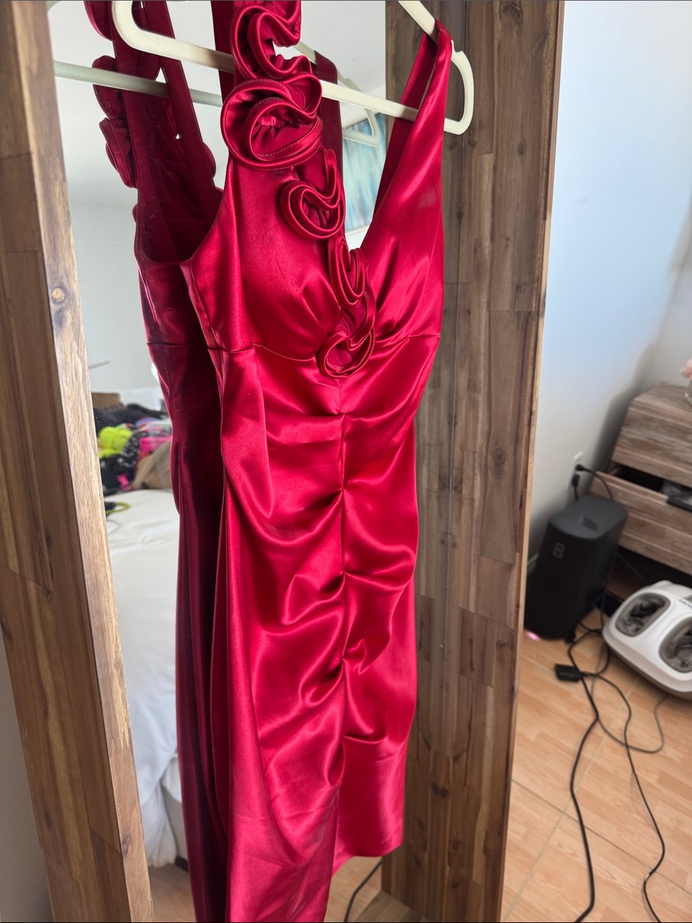 Xscape Red Satin Midi Dress with Rosette Trim